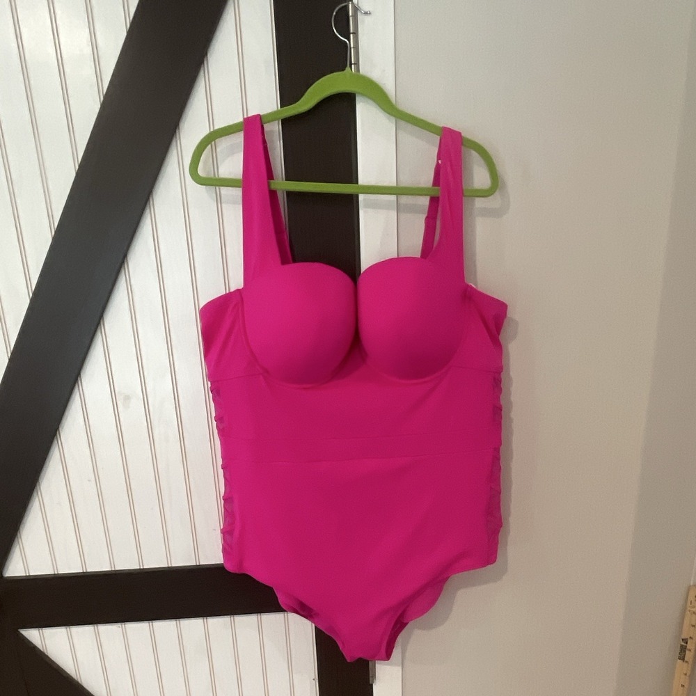 Torrid Pink Solid One Piece Swimsuit Mesh Strappy Sides Wide Straps 4 Plus